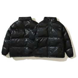 Designer de algodão preto minimalista pesado gola couro pu engrossado jaqueta quente