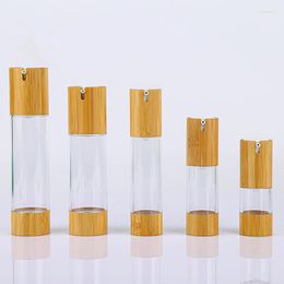 Bottiglie di stoccaggio 3pcs 15ml 30ml 50ml 80 ml 100 ml Pompa a lozione per vuoto airless con coperchi di bambù ecologici ecologici ecologici