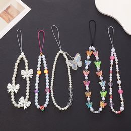 Butterfly Cell Phone Straps Anti-Lost Wrist Charm Bracelets Handmade Chain Acrylic Lanyard Keychain Beaded Colourful Decorate Hanging Cord Universal Bead