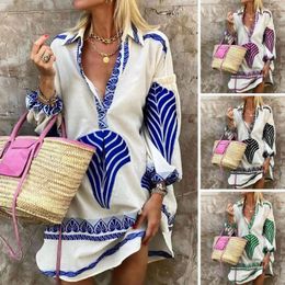 Casual Dresses Ladies Shirt Dress Loose Printing Long Sleeve Low-cut Deep V Neck Beach Summer Midi Women Clothes