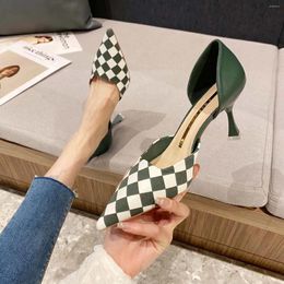 Dress Shoes National Style Plaid Slim High Heels 2023 Summer Pointed Hollow Wall Design Full Set Of For Women's