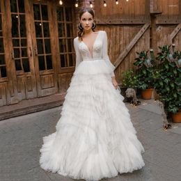 Wedding Dress ADLN Modest Long Sleeves Dresses Deep V-neck Tired Skirt Gown Ball Ruffles Bridal Vestido De Novia
