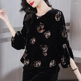 Women's Two Piece Pants 2023 Autumn And Winter Silk Flower Print Long Sleeve Top Set For O-Neck Loose Large