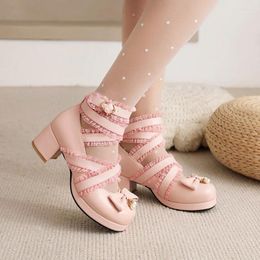 Dress Shoes Lace Lolita Women's Pumps Cross Straps Pearl Decoration Metal Buckle Bowknot