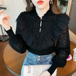 Women's Blouses White Lace Patchwork Knitted Blouse Spring Fashion Stand Collar Knot Button Lantern Sleeve Pullover Top Woman Black Tight