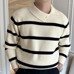 Men's Sweaters Mens Lapel Polo Sweater Simple Personality Contrast Stripes Knitted Pullover Herren Ropa De Hombre