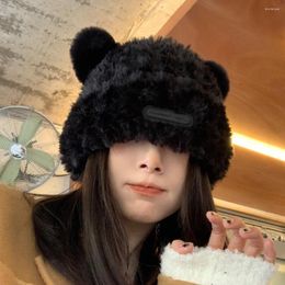 Berets Winter Cartoon Hat Leopard Fur Bucket Bear Ear Ball Plush Fisherman Soft Warm Thick Basin Protection Hats