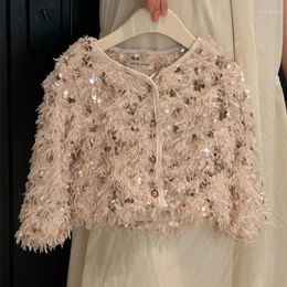 Jackets Fashion Baby Girl Sequins Sweater Cardigan Long Sleeve Autumn Spring Children Princess Feather Jacket Top Clothes 2-10Y