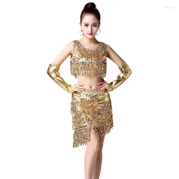 Stage Wear Women's Latin Dance Costumes Salsa Rumba Cha Performance Party Ballroom Suit 3pcs Set Tops Skirt Gloves