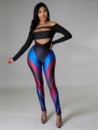 Women's Two Piece Pants Sexy Fitness Pant Sets Fashion Clothes 2023 Black Cut Out Long Sleeve Bodysuit And Print Slim Legging Co Ord Suit