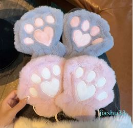 Autumn and winter new half finger cat claw gloves female winter Korean version cute plush student winter plus fleece thickened warm dew five finger gloves