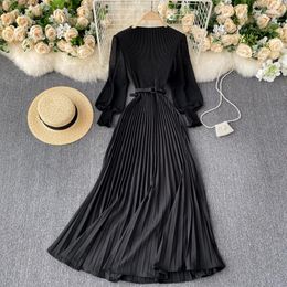 Casual Dresses 2023 Spring Summer Women Elegant Dress Patchwork Puff Long Sleeve Pleated Ladies Party