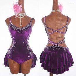 Stage Wear 2023 Latin Dance Dresses Sparkly Rhinestones Dancing For Ladies Purple Elegant Fringe Skirt Women Ballroom MD19002