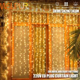 Christmas Decorations 3x1/3x2/3x3M LED Curtain Icicle String Lights Christmas Fairy Lamp Garland Outdoor For Wedding/Party/Garden Home Decoration 231124