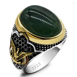 Cluster Rings Turkish Jewellery Men's Ring With Green Natural Agate Stone 925 Sterling Silver Vintage Eagle CZ Enamel Gold Couple