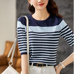 Women's T Shirts Striped Shirt For Women Korean Fashion Womens Clothing 2023 Short Sleeve T-Shirts Knitted Tops Ladies Summer Casual T-Shirt