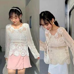 Women's Blouses Women Beach Long Sleeve Cover Up Shirt Hollow Crochet Knit Circle Lace Blouse N7YE