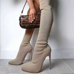 autumn new large women boots elastic boots womens thin heels knitted tube knee high boots 231116
