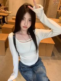 Women's T Shirts White Long Sleeves U-Neck T-shirt Autumn And Winter 2023 Sexy Slim Fit Short Top Tight Underlay Female Clothing