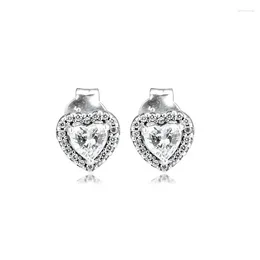Stud Earrings Pendientes Clear CZ Elevated Heart 2023 Pave Stone 925 Sterling Silver Accessories Women Fine Jewellery Girl