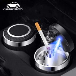Car Ashtrays Car Ashtray With Lid Blue Led Smell Proof Portable Ashtray Cup For Auto Fireproof Shell One Touch Open Car Accessories Q231125