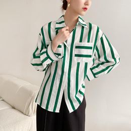 Women's Blouses JMPRS Elegant Striped Women Shirts Green Loose Fall Long Sleeve Button Up Tops Designed Pocket Fashion Ladies