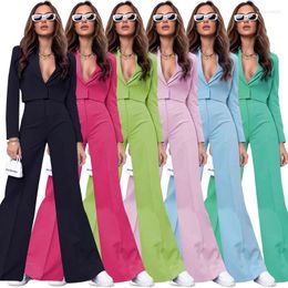 Women's Two Piece Pants Pant Suits European And American Trend Solid Colour Short Long Sleeve Small Suit Fashion High Waist Wide Leg