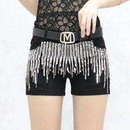 Women's Shorts Black Sequins tassels Denim Short's Streetwear 2023 Summer Korean Slim Chain Trend Pants White Casual Short Jeans 230424