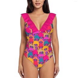 Women's Swimwear Colourful Ladies Women Ruffle One Piece Swimsuit Sexy Bodysuit Monokini Bathing Suit Art Retro