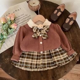 Clothing Sets Girls Sweet Suits Spring Autumn Children Baby Kids Long-Sleeved Bow Sweater Pleated Skirts 2pcs