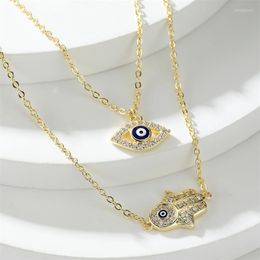 Pendant Necklaces Bilayer Blue Eye Hand Palm Charm Gold Colour For Women Luxury Engagement Wedding Necklace Female Party Jewellery