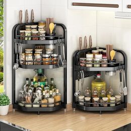 Dish Racks 2/3-Tier Kitchen Spice Rack Countertop Organiser Spice Corner Shelf Cabinet Storage Rack with Hook Holder for Kitchen Organiser 231124