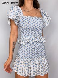 Two Piece Dress Sexy White Blue Flower Print Flare Sleeve Crop Top Women High Waist Ruffles Mini Skirt Elastic Ruched Corset 2 pieces 1 Set 230424