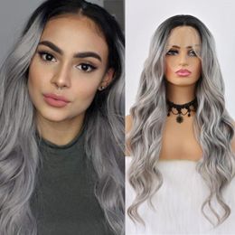 1B/Grey Ombre Lace Front Synthetic For Women 24 Inches Long Wavy Natural Dark Root To Silver Grey Hand Tied Hairline Heat