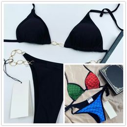 Seaside womens designer swimsuit letter metal chain contrast Colour pattern one piece swimsuits woman three point sexy lace up beach sunshine Island bikini