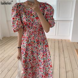 Casual Dresses Puff Sleeve Floral Maxi Dress Square Collar a Line Cotton Robe Summer Boho Plus Size Midi Elegant Korean Harajuku Sukienki 230424