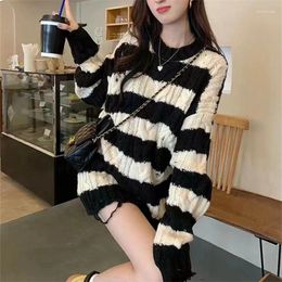 Women's Sweaters Striped Sweater Autumn And Winter Retro Hole Lazy Wind Long-sleeved Knitted Wool Yarn