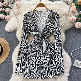 Casual Dresses Spring Girls Deep V-neck Hollow Out Lace Long Sleeve Zebra Print Tight Hip Wrap Dress For Women 2023 Vestido