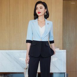 Women's Two Piece Pants IZICFLY Style 2023 Summer Half Blue Black Patchwork Business Suits Slim Office Blazer Pant Sets For Women Work Wear