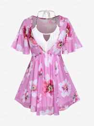 Women's T Shirts ROSEAGL Fashion Plus Size Women's T-shirts 2023 Summer Plunging Floral Top And Halter Camisole Set 4XL Oversize Tees