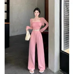 Women's Two Piece Pants French Girl Pure Sexy Suit Autumn Long-sleeved Cardigan Strapless Top High Waist Wide Leg Three-piece Set