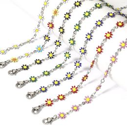 Chains 304 Stainless Steel Necklace Silver Color Daisy Flower Double-sided Enamel Handmade Link Chain 42cm Long 1 PC