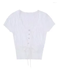 Women's Blouses Girls 2023 Summer Elegant Ruffles O-Neck Short Sleeve High Waist Knitted White Tops Womens Elastic Black Lace Up Blouse