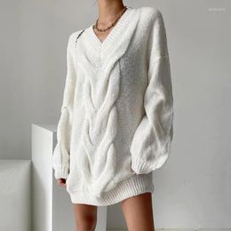 Women's Knits Oversized Autumn Winter Knitted Sweater Dress For Women Mini White Casual Long Sleeve Sexy Party Dresses Vestidos