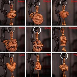 Keychains Unisex 12 Zodiac Keychain Natural Wood Keyring Animal Tiger Sheep Monkey Snake Gift For Kids