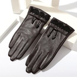Five Fingers Gloves Women's Autumn Winter Thicken Warm Genuine Leather Lady's Natural Sheepskin Touchscreen Driving Glove R069