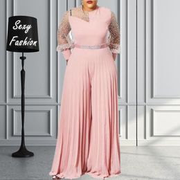 Women's Jumpsuits Rompers S-5xl Autumn Pink Fashion Plus Size Ultrathin Pleated Long Sleeve Elegant Clothing Wholesale Direct 230425