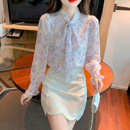 Women's Blouses Sweet Bow Floral Office Lady Tops Elegant Puff Long Sleeve Shirt Fashion White Chiffon Blouse Women Spring Female Clothing