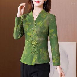 Ethnic Clothing 2023 Chinese Style Long Sleeve V-neck Top Women's Spring Tang Suit Floral Printed Elegant Blouse S128