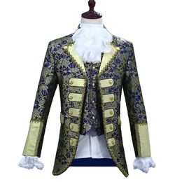 Men's Suits Blazers Elegant Vintage Royal Men 3piece Suit Court Dress Gold and Blue Red Stage Costume Theater Drama Outfit 231124